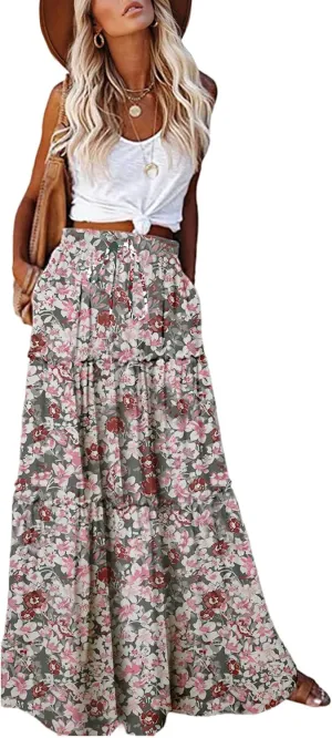 EARKOHA Womens Casual High Waist Tie Paisley Print Long Maxi Skirt with Pockets