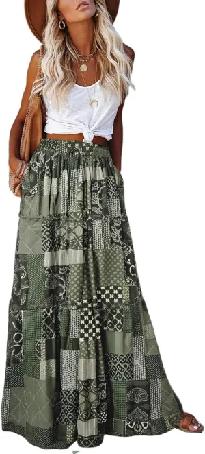 EARKOHA Womens Casual High Waist Tie Paisley Print Long Maxi Skirt with Pockets