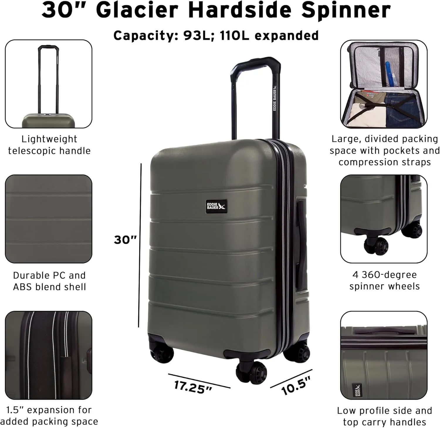 Eddie Bauer Glacier Hardside Spinner Durable PC/ABS Construction Suitcase Luggage, Sprig, 30" (Check-in)