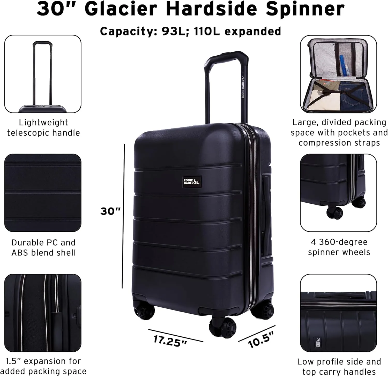 Eddie Bauer Glacier Luggage | Hardside | Spinner Wheels Expandable | Lightweight | Durable, Storm, 30" (Check-in)