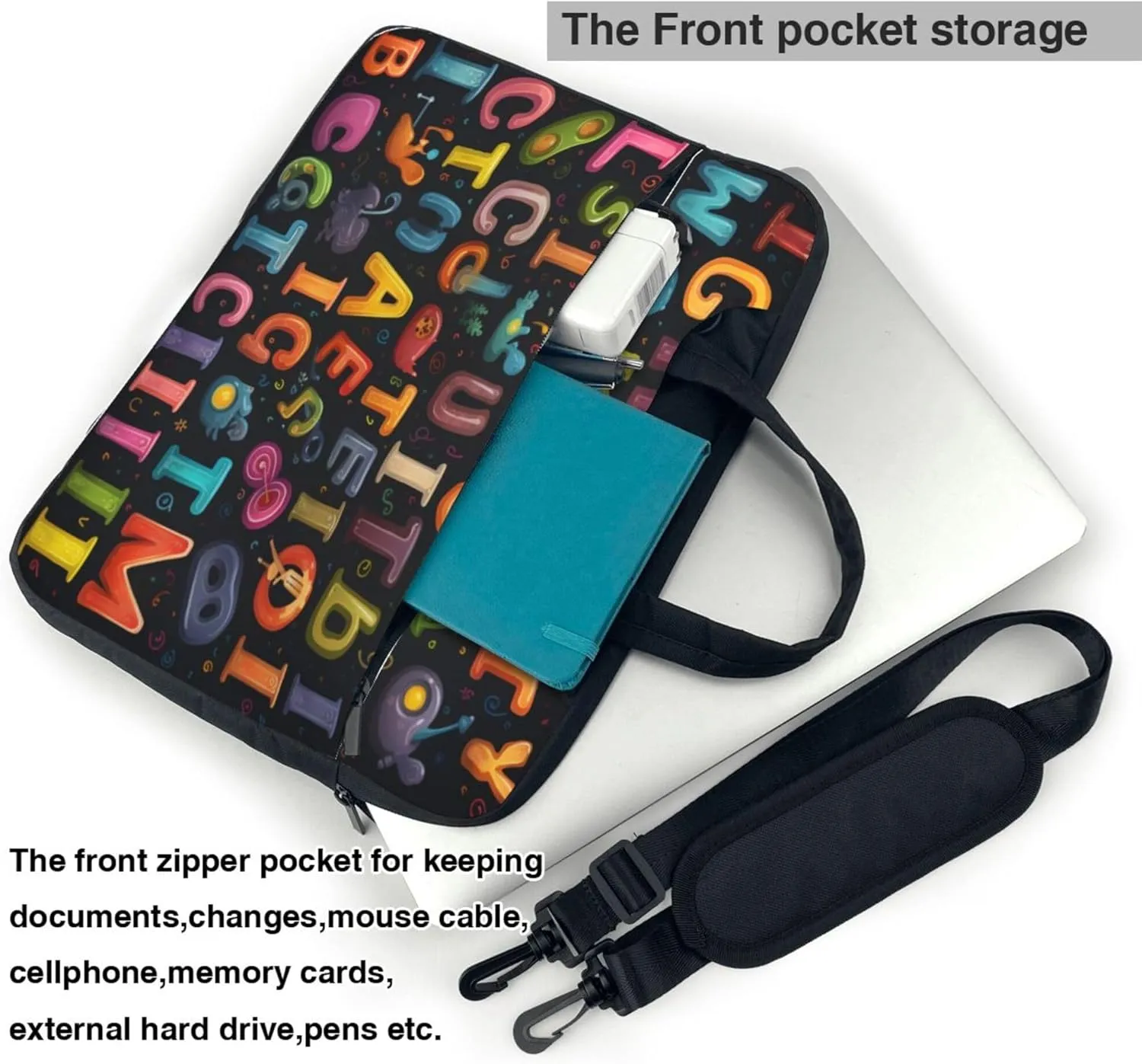 Education Letters Laptop Shoulder Bag for Women, Colorful Alphabets Laptop Sleeve Case Durable Computer Bag