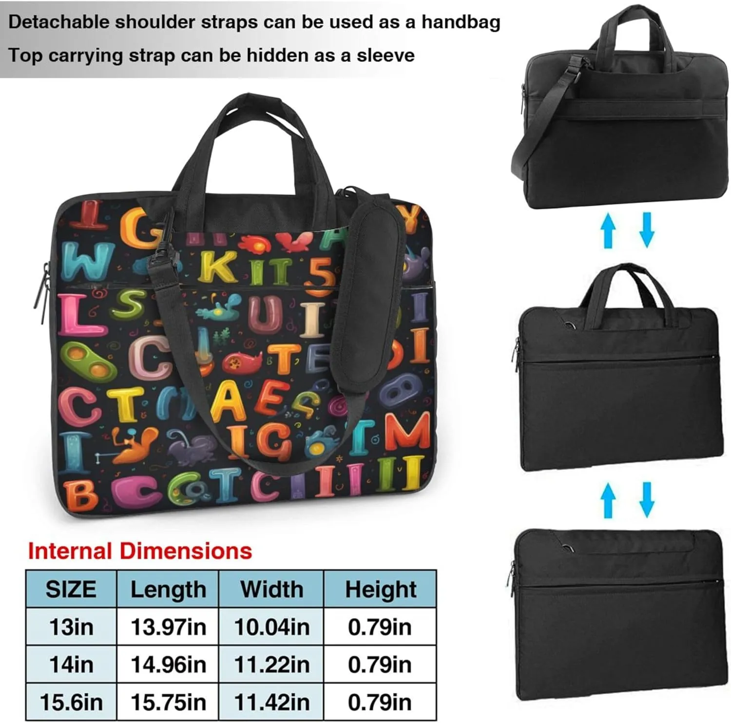 Education Letters Laptop Shoulder Bag for Women, Colorful Alphabets Laptop Sleeve Case Durable Computer Bag