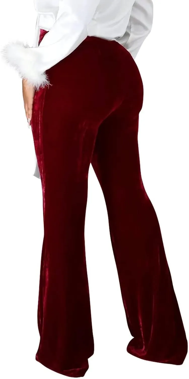 Elainone High Waisted Velvet Flare Pants for Women Seam Front Casual Business Long Pants Troubles