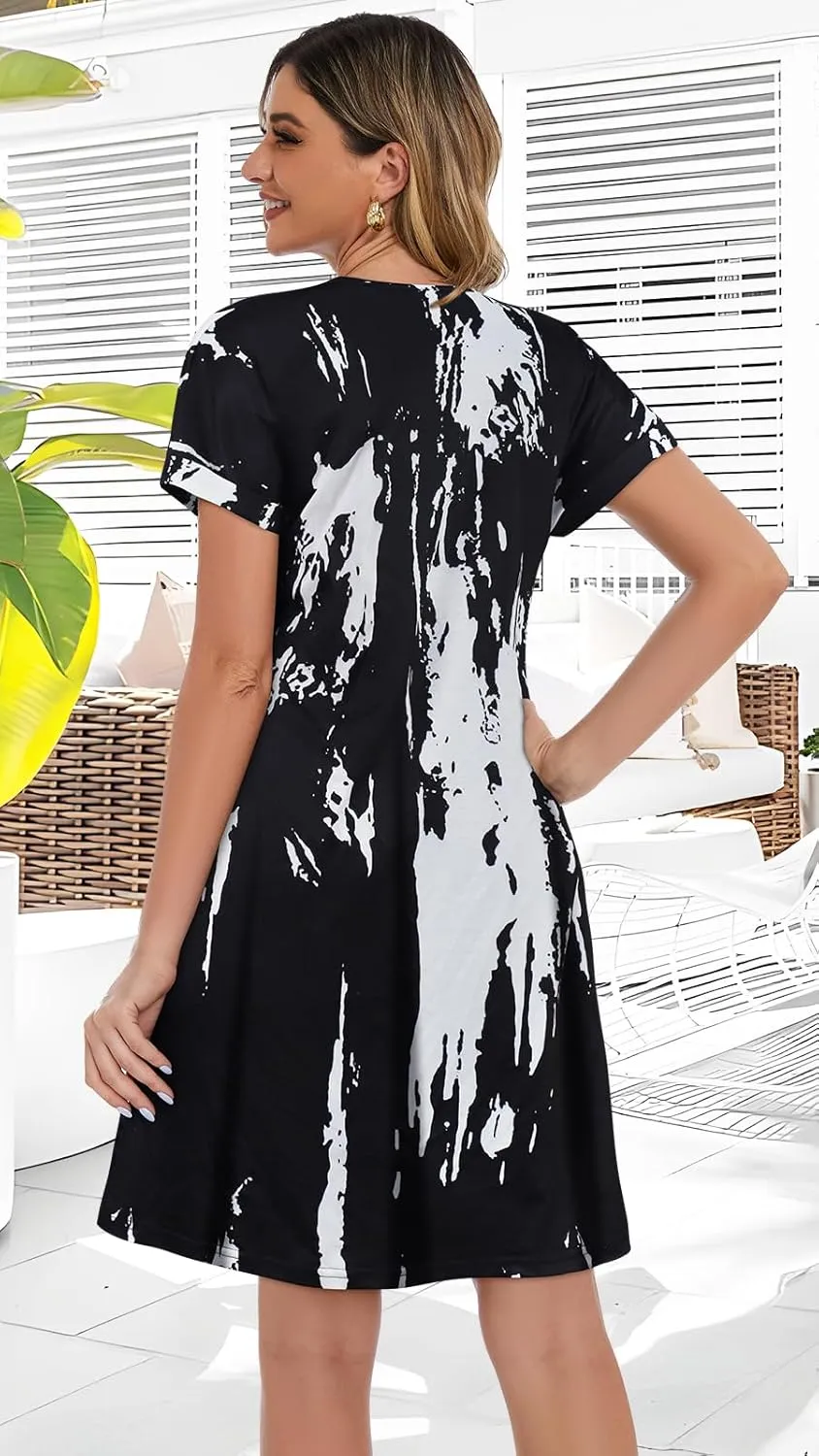 elescat Summer Dresses for Women V Neck Short Sleeve Flowy Tshirt Dress Casual Loose Sundress with Pockets