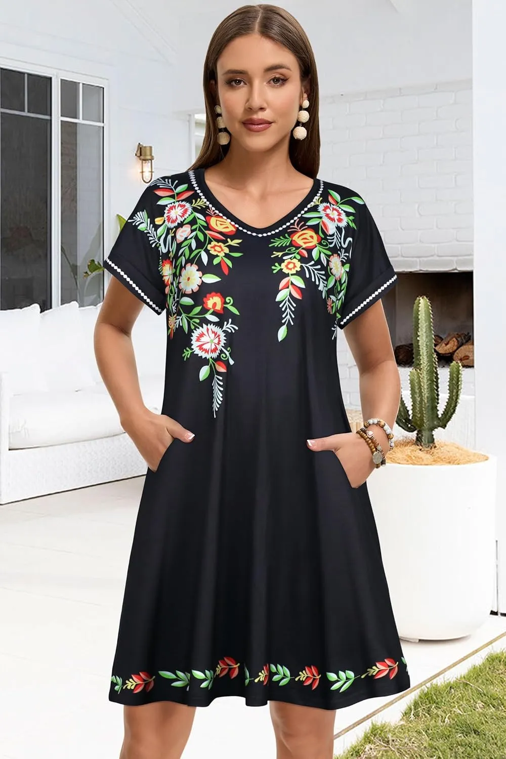 elescat Summer Dresses for Women V Neck Short Sleeve Flowy Tshirt Dress Casual Loose Sundress with Pockets
