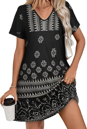 elescat Summer Dresses for Women V Neck Short Sleeve Flowy Tshirt Dress Casual Loose Sundress with Pockets