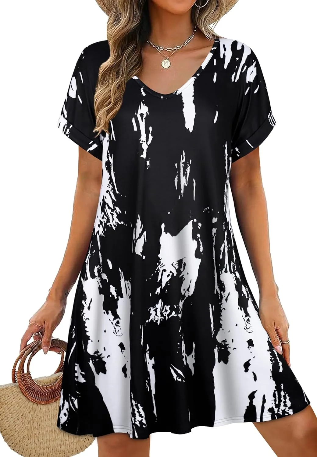 elescat Summer Dresses for Women V Neck Short Sleeve Flowy Tshirt Dress Casual Loose Sundress with Pockets
