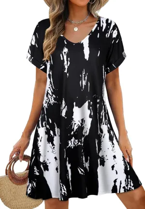 elescat Summer Dresses for Women V Neck Short Sleeve Flowy Tshirt Dress Casual Loose Sundress with Pockets