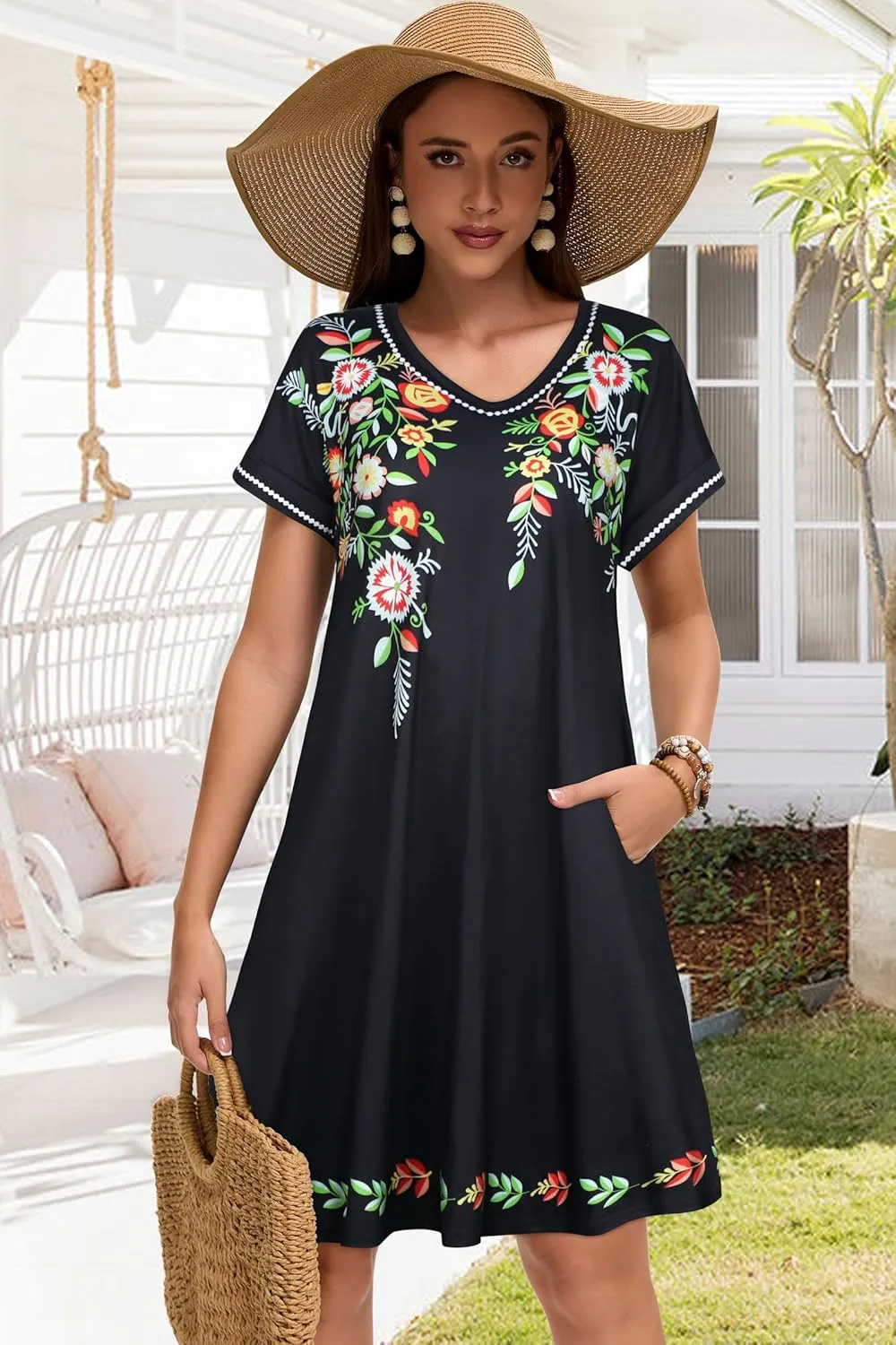 elescat Summer Dresses for Women V Neck Short Sleeve Flowy Tshirt Dress Casual Loose Sundress with Pockets