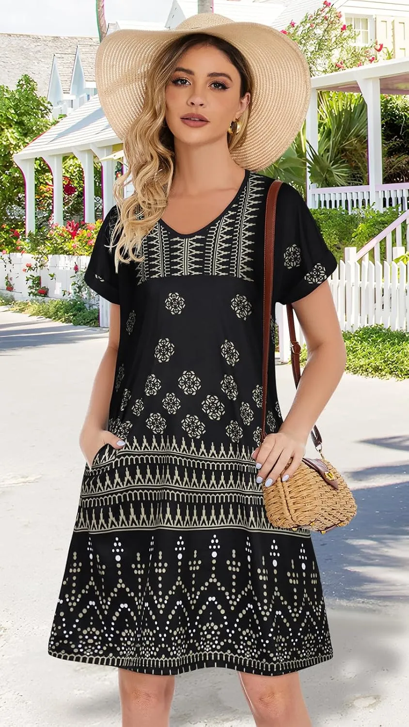 elescat Summer Dresses for Women V Neck Short Sleeve Flowy Tshirt Dress Casual Loose Sundress with Pockets