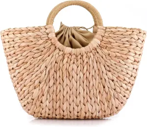 EROUGE Natural Chic Straw Bag Hand Woven Round Handle Handbags Retro Summer Beach Bag