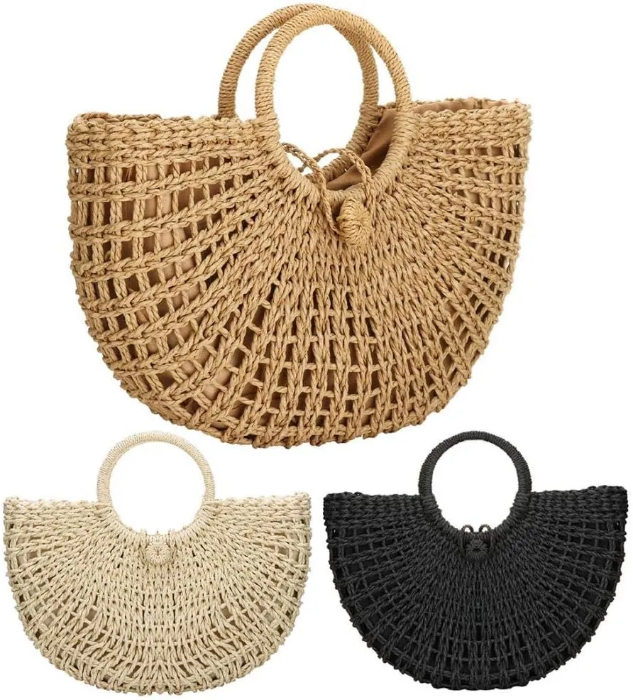 EROUGE Natural Chic Straw Bag Hand Woven Round Handle Handbags Retro Summer Beach Bag