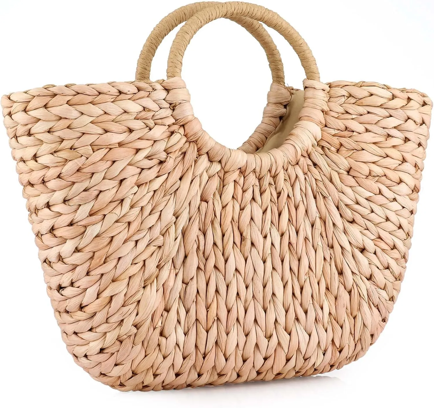 EROUGE Natural Chic Straw Bag Hand Woven Round Handle Handbags Retro Summer Beach Bag