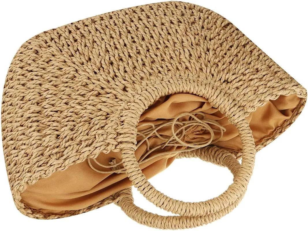 EROUGE Natural Chic Straw Bag Hand Woven Round Handle Handbags Retro Summer Beach Bag