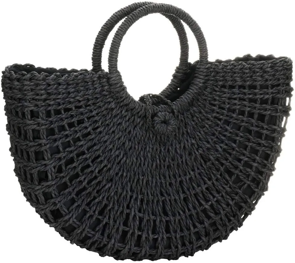 EROUGE Natural Chic Straw Bag Hand Woven Round Handle Handbags Retro Summer Beach Bag