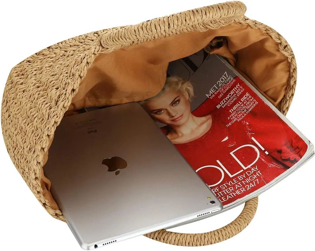 EROUGE Natural Chic Straw Bag Hand Woven Round Handle Handbags Retro Summer Beach Bag