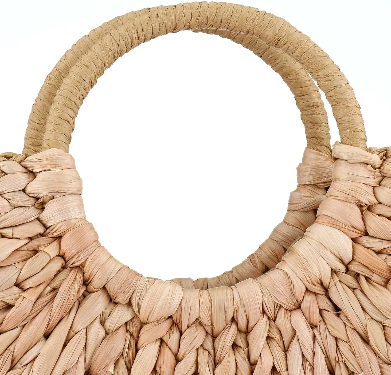 EROUGE Natural Chic Straw Bag Hand Woven Round Handle Handbags Retro Summer Beach Bag