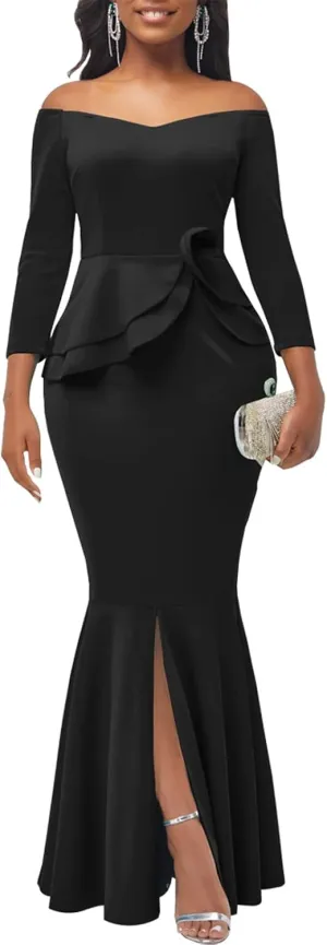 Evening Gowns for Women Formal Off Shoulder Wedding Guest Party Dress Elegant Short Sleeve Split Long Cocktail Dresses
