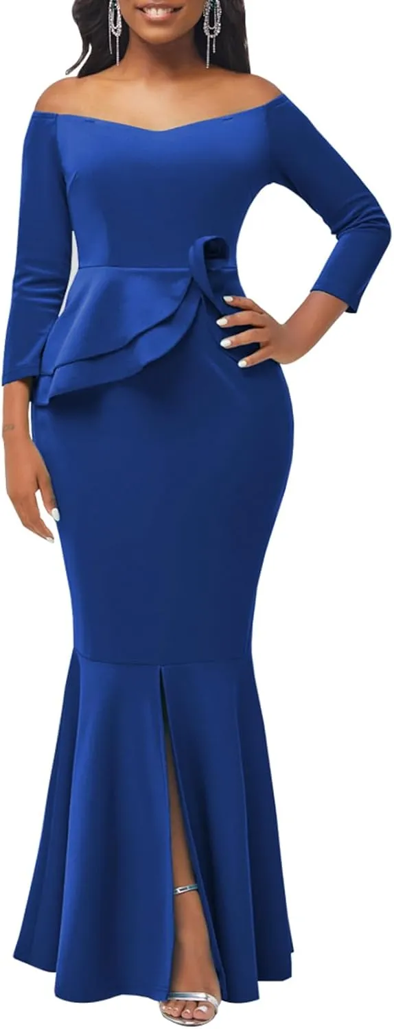 Evening Gowns for Women Formal Off Shoulder Wedding Guest Party Dress Elegant Short Sleeve Split Long Cocktail Dresses
