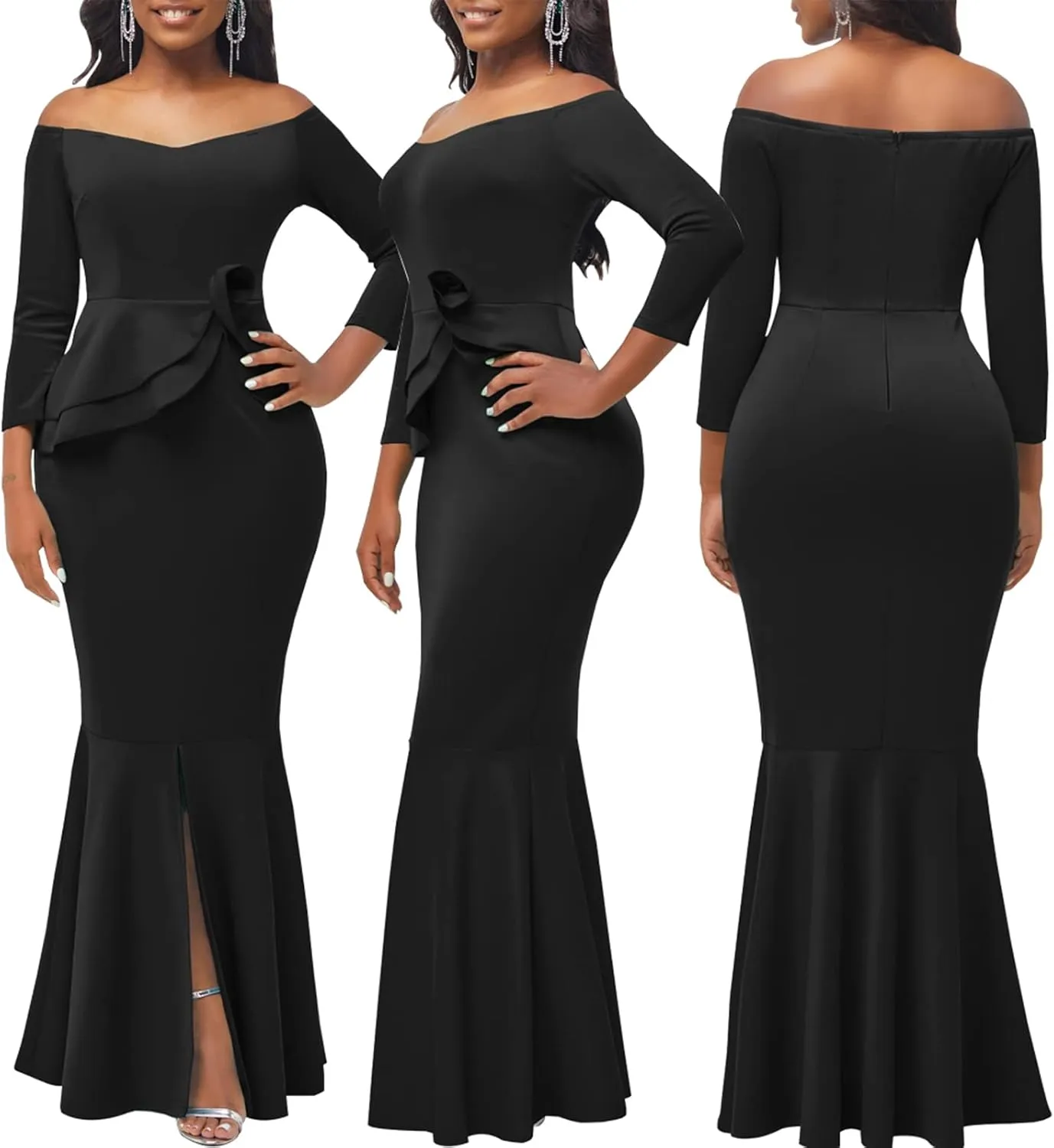Evening Gowns for Women Formal Off Shoulder Wedding Guest Party Dress Elegant Short Sleeve Split Long Cocktail Dresses