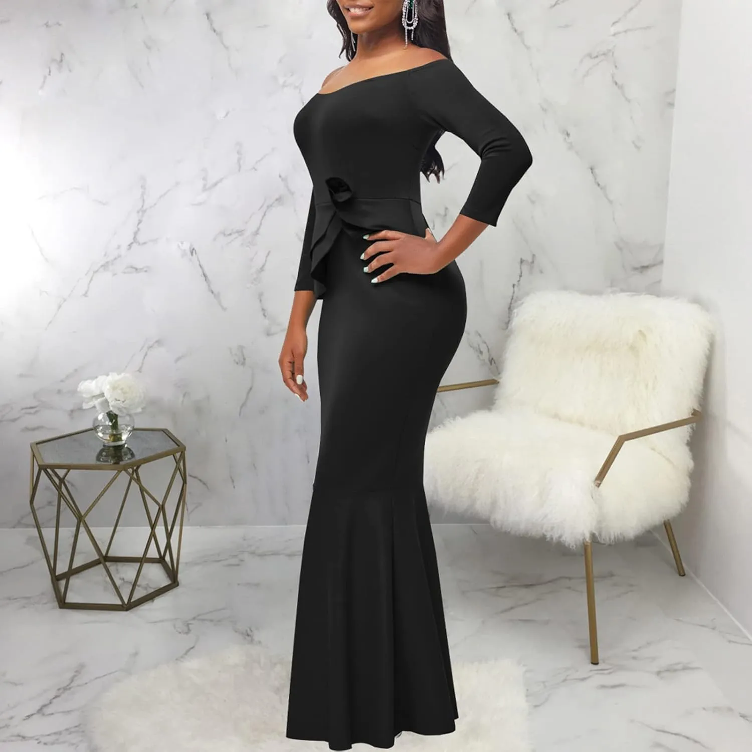 Evening Gowns for Women Formal Off Shoulder Wedding Guest Party Dress Elegant Short Sleeve Split Long Cocktail Dresses