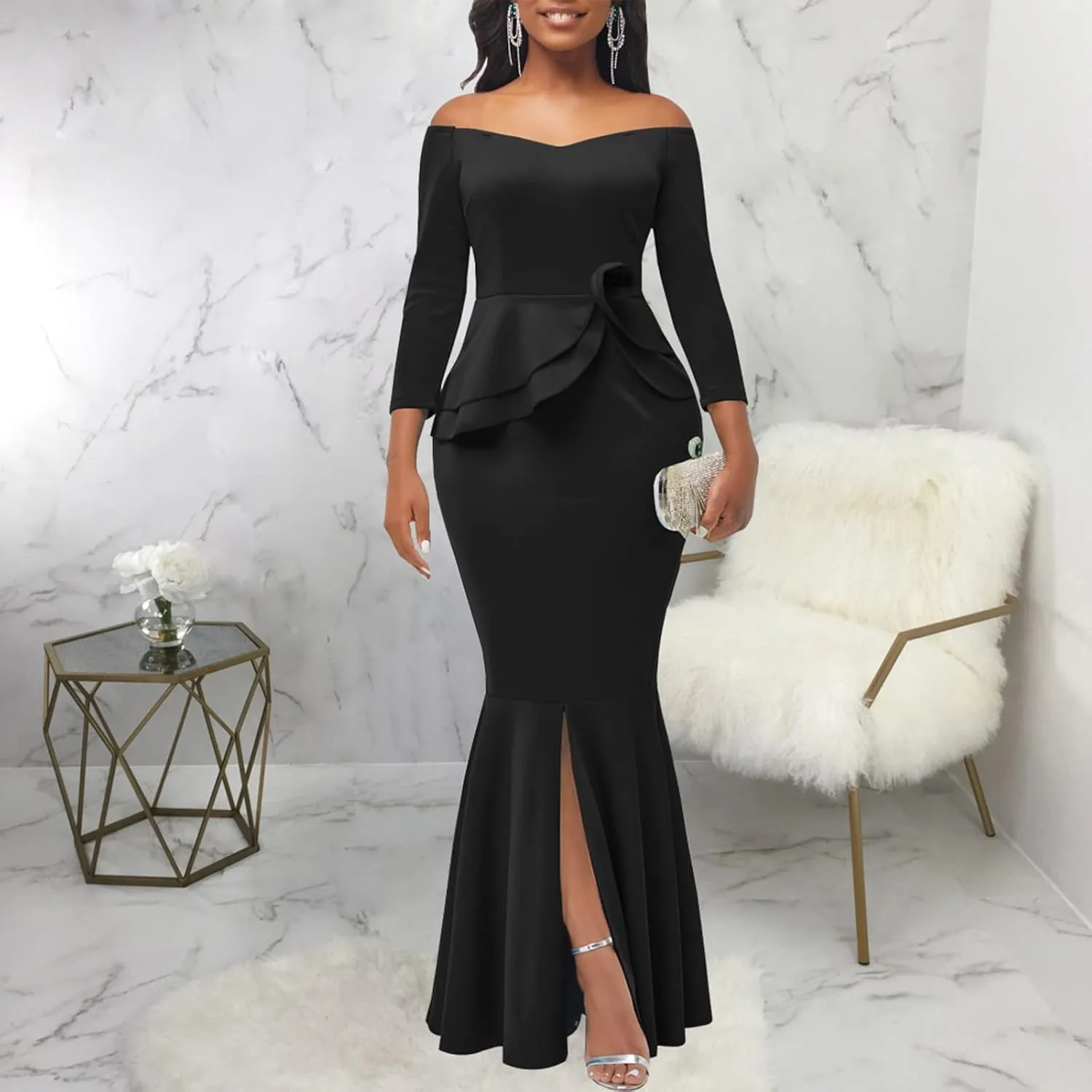 Evening Gowns for Women Formal Off Shoulder Wedding Guest Party Dress Elegant Short Sleeve Split Long Cocktail Dresses