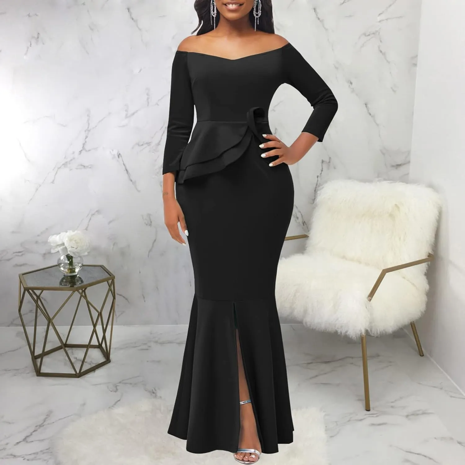 Evening Gowns for Women Formal Off Shoulder Wedding Guest Party Dress Elegant Short Sleeve Split Long Cocktail Dresses