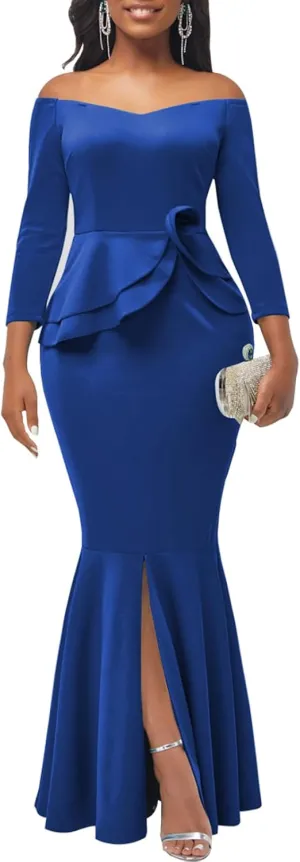 Evening Gowns for Women Formal Off Shoulder Wedding Guest Party Dress Elegant Short Sleeve Split Long Cocktail Dresses