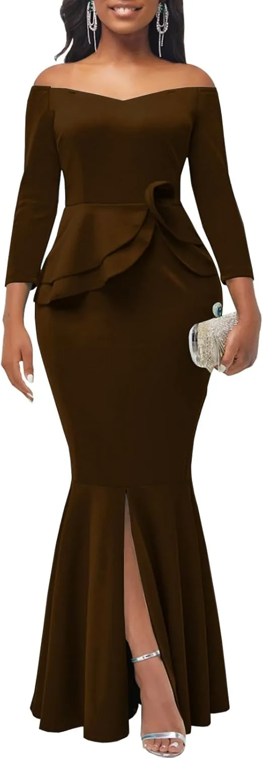 Evening Gowns for Women Formal Off Shoulder Wedding Guest Party Dress Elegant Short Sleeve Split Long Cocktail Dresses