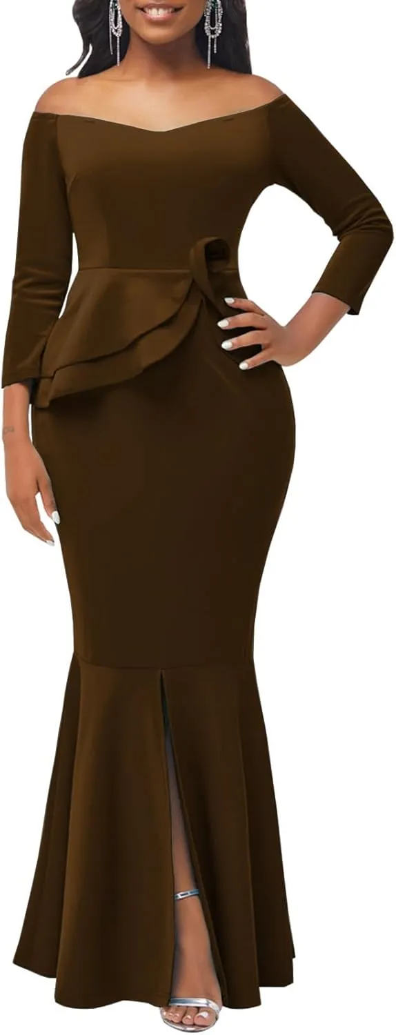 Evening Gowns for Women Formal Off Shoulder Wedding Guest Party Dress Elegant Short Sleeve Split Long Cocktail Dresses