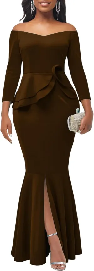 Evening Gowns for Women Formal Off Shoulder Wedding Guest Party Dress Elegant Short Sleeve Split Long Cocktail Dresses