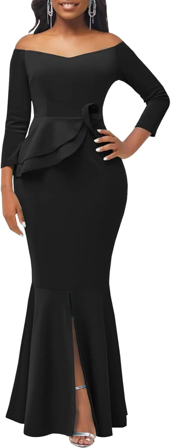Evening Gowns for Women Formal Off Shoulder Wedding Guest Party Dress Elegant Short Sleeve Split Long Cocktail Dresses