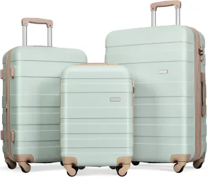 Expandable ABS Hardshell Luggage Set, 3-Piece Lightweight Durable Suitcase with Spinner Wheels, Grey Green