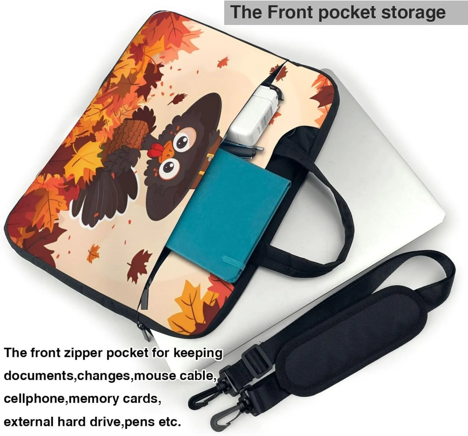 Fall Leaves Laptop Shoulder Bag for Women, Thanksgiving Turkey Laptop Sleeve Case Durable Computer Bag