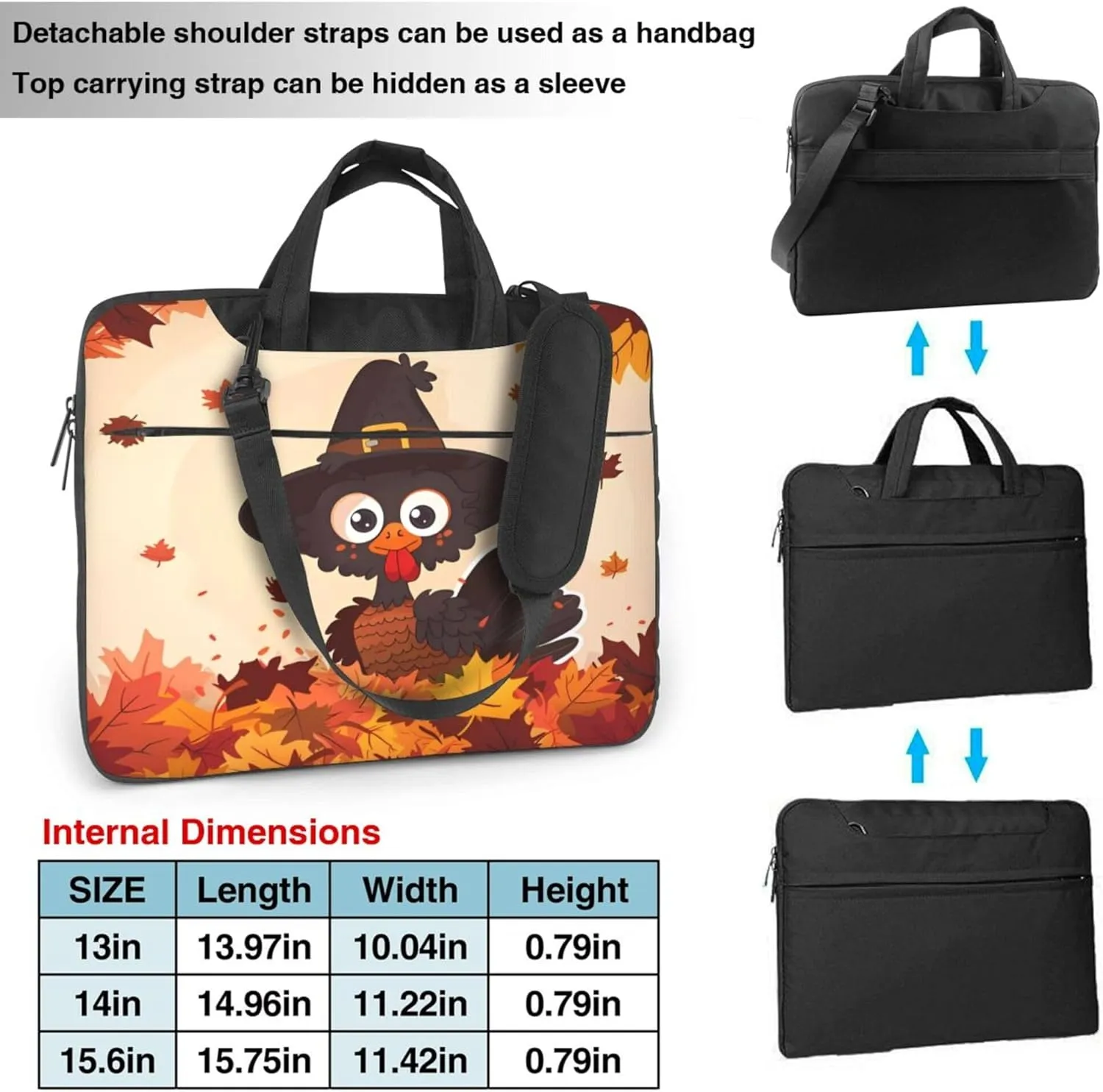 Fall Leaves Laptop Shoulder Bag for Women, Thanksgiving Turkey Laptop Sleeve Case Durable Computer Bag