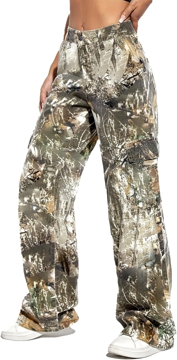Famnbro Camo Pants Women Mid Waist Straight Leg Baggy Camouflage Cargo Pants Streetwear Trousers