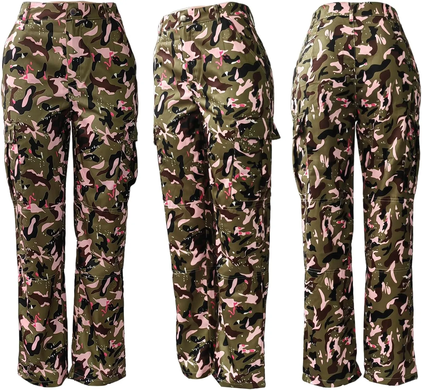 Famnbro Camo Pants Women Mid Waist Straight Leg Baggy Camouflage Cargo Pants Streetwear Trousers