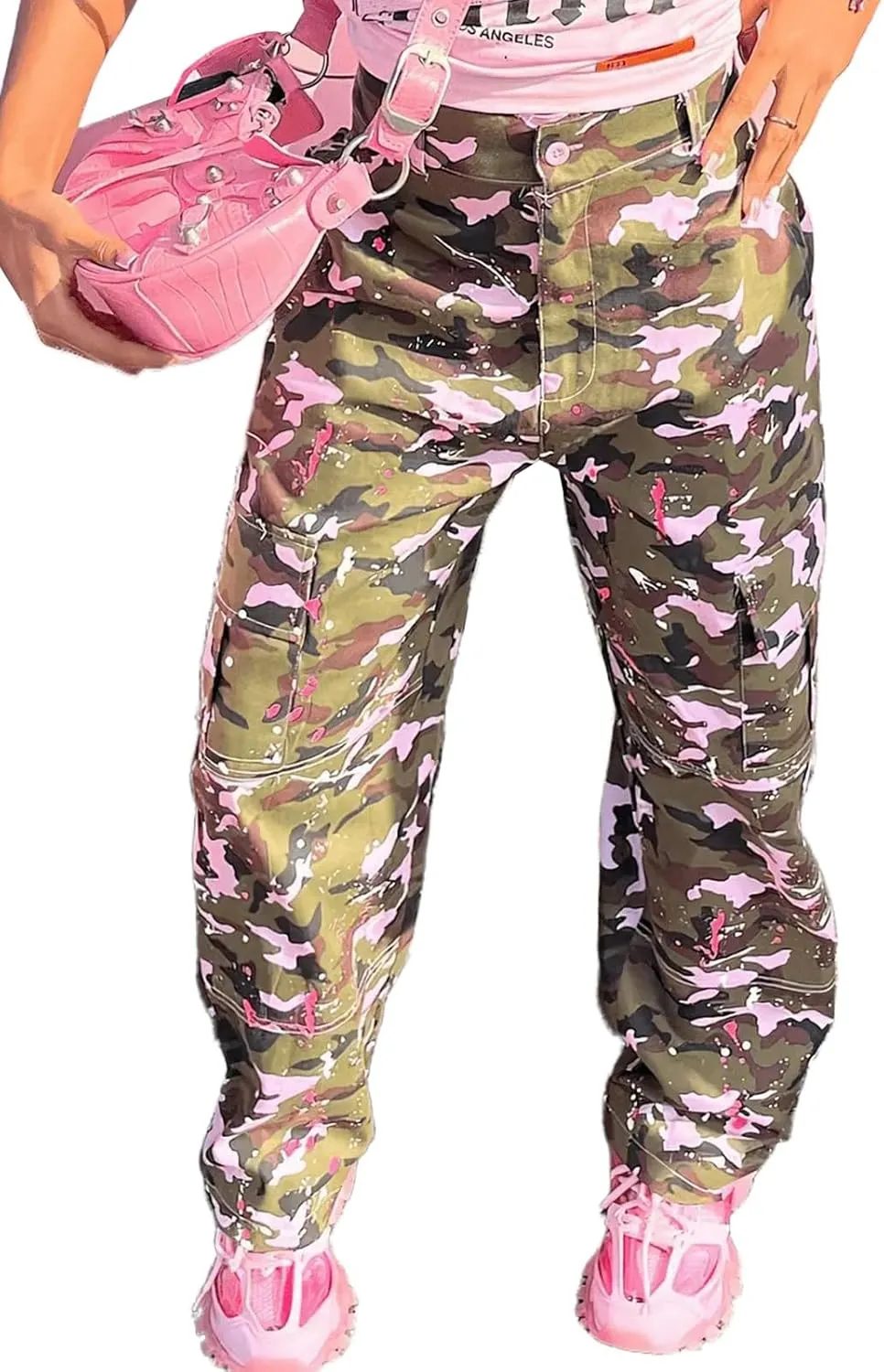 Famnbro Camo Pants Women Mid Waist Straight Leg Baggy Camouflage Cargo Pants Streetwear Trousers