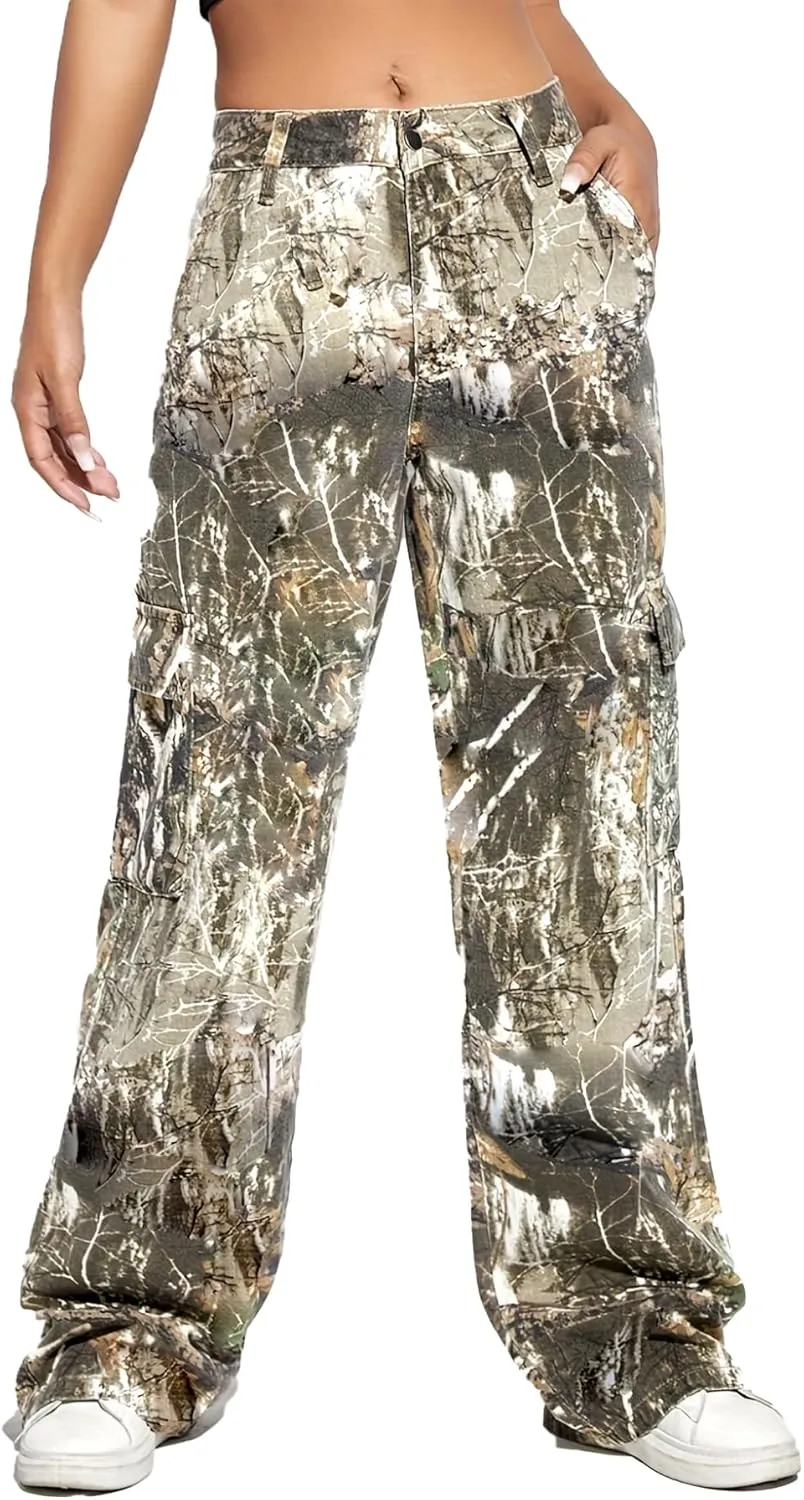 Famnbro Camo Pants Women Mid Waist Straight Leg Baggy Camouflage Cargo Pants Streetwear Trousers