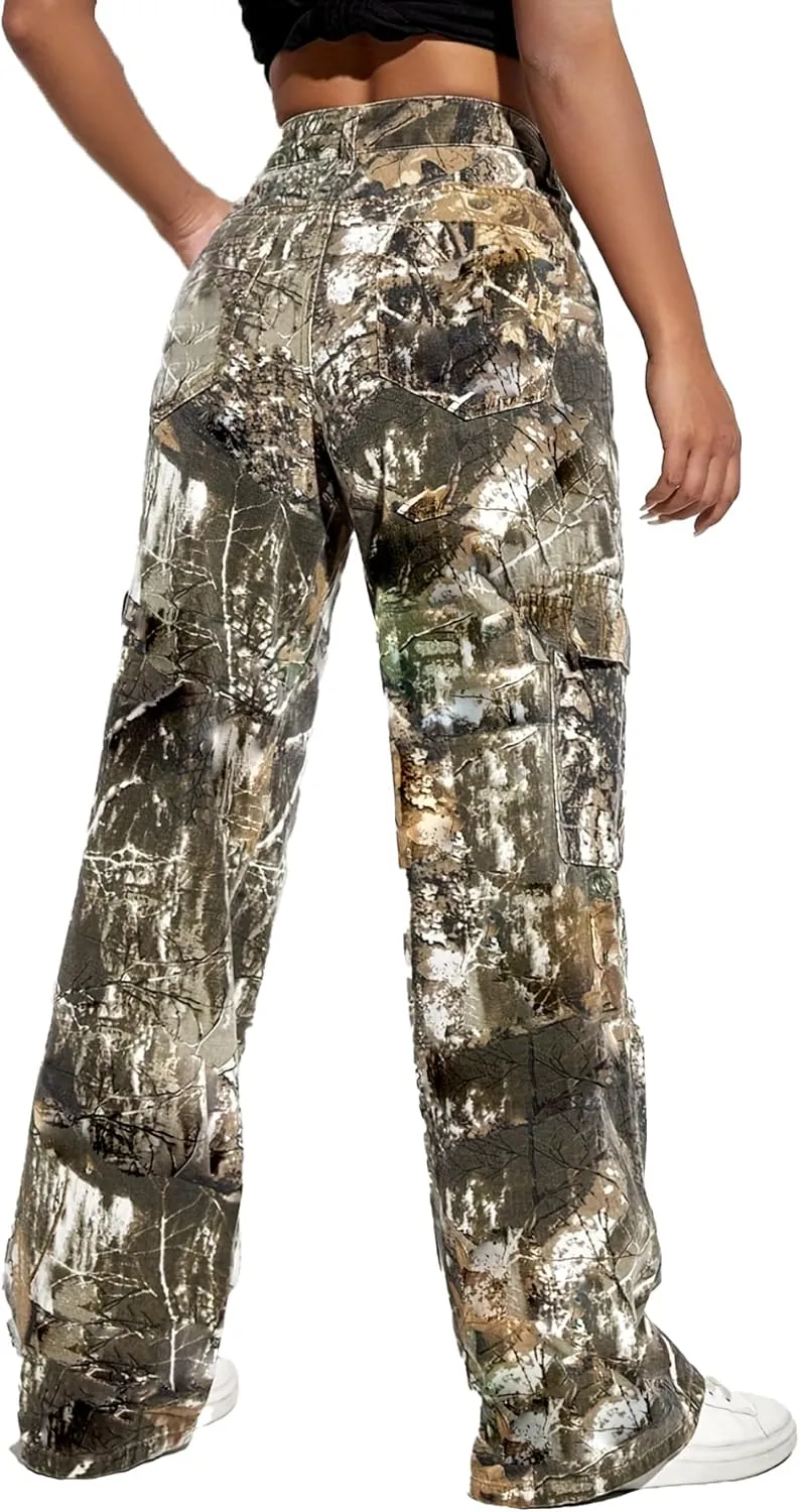 Famnbro Camo Pants Women Mid Waist Straight Leg Baggy Camouflage Cargo Pants Streetwear Trousers