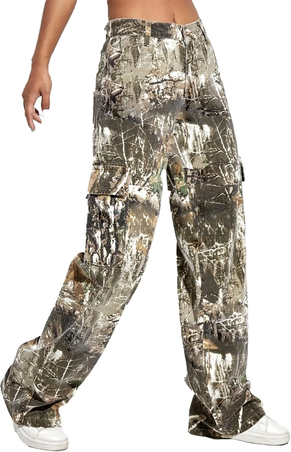 Famnbro Camo Pants Women Mid Waist Straight Leg Baggy Camouflage Cargo Pants Streetwear Trousers