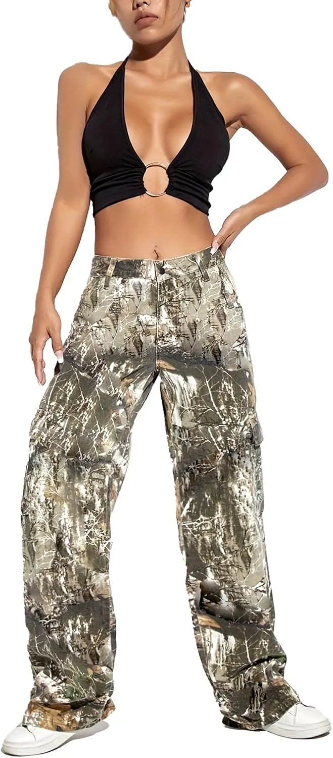 Famnbro Camo Pants Women Mid Waist Straight Leg Baggy Camouflage Cargo Pants Streetwear Trousers