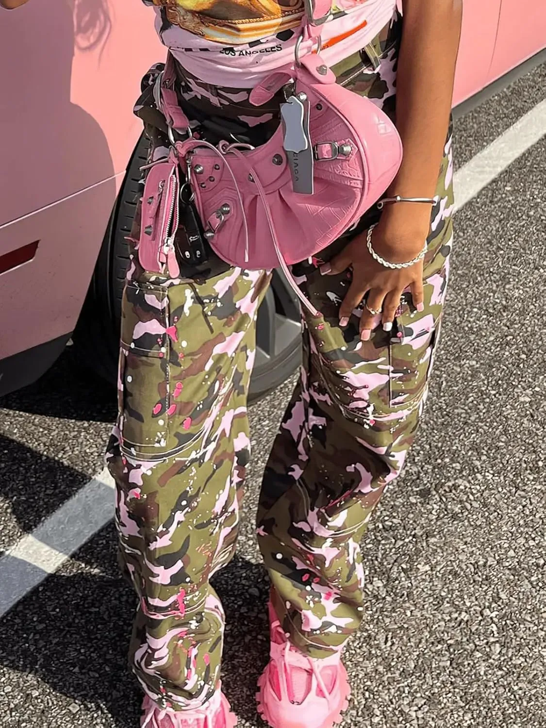 Famnbro Camo Pants Women Mid Waist Straight Leg Baggy Camouflage Cargo Pants Streetwear Trousers