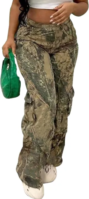Famnbro Camo Pants Women Mid Waist Straight Leg Baggy Camouflage Cargo Pants Streetwear Trousers