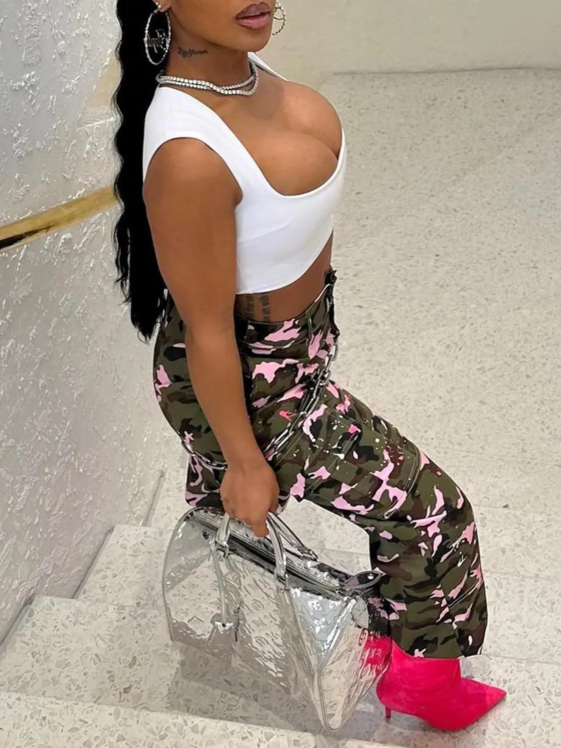 Famnbro Camo Pants Women Mid Waist Straight Leg Baggy Camouflage Cargo Pants Streetwear Trousers
