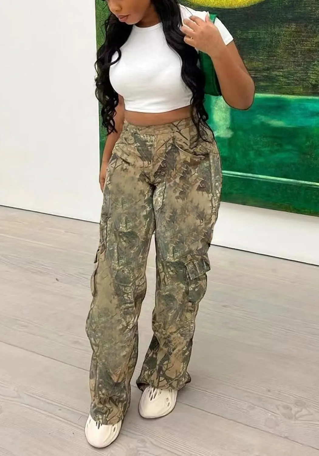 Famnbro Camo Pants Women Mid Waist Straight Leg Baggy Camouflage Cargo Pants Streetwear Trousers