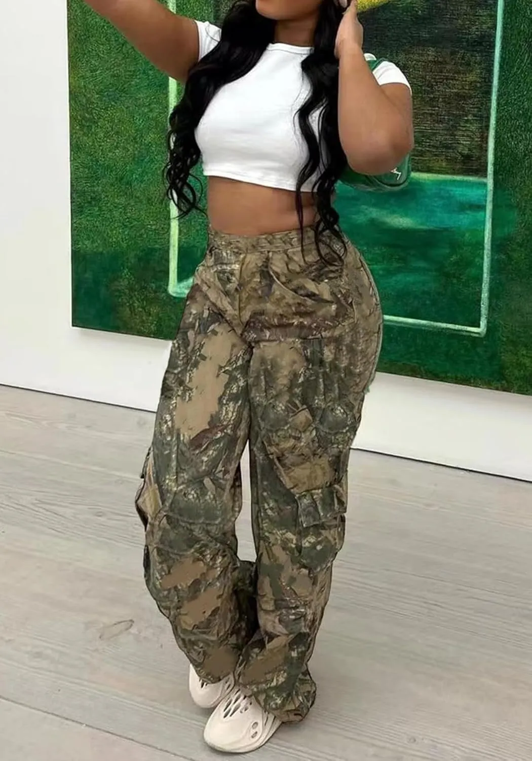 Famnbro Camo Pants Women Mid Waist Straight Leg Baggy Camouflage Cargo Pants Streetwear Trousers