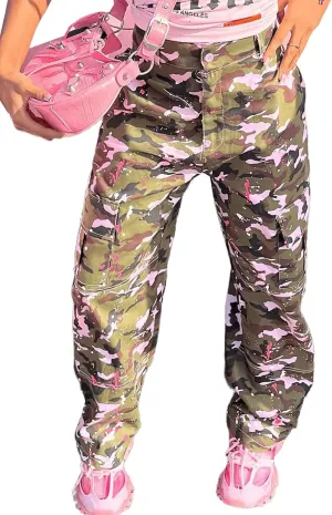 Famnbro Camo Pants Women Mid Waist Straight Leg Baggy Camouflage Cargo Pants Streetwear Trousers