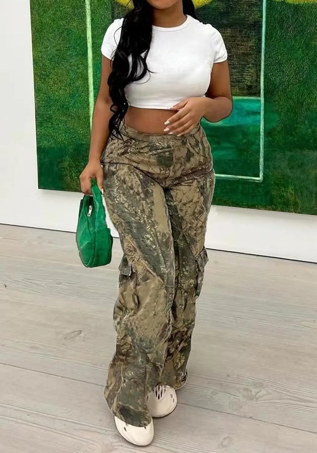 Famnbro Camo Pants Women Mid Waist Straight Leg Baggy Camouflage Cargo Pants Streetwear Trousers