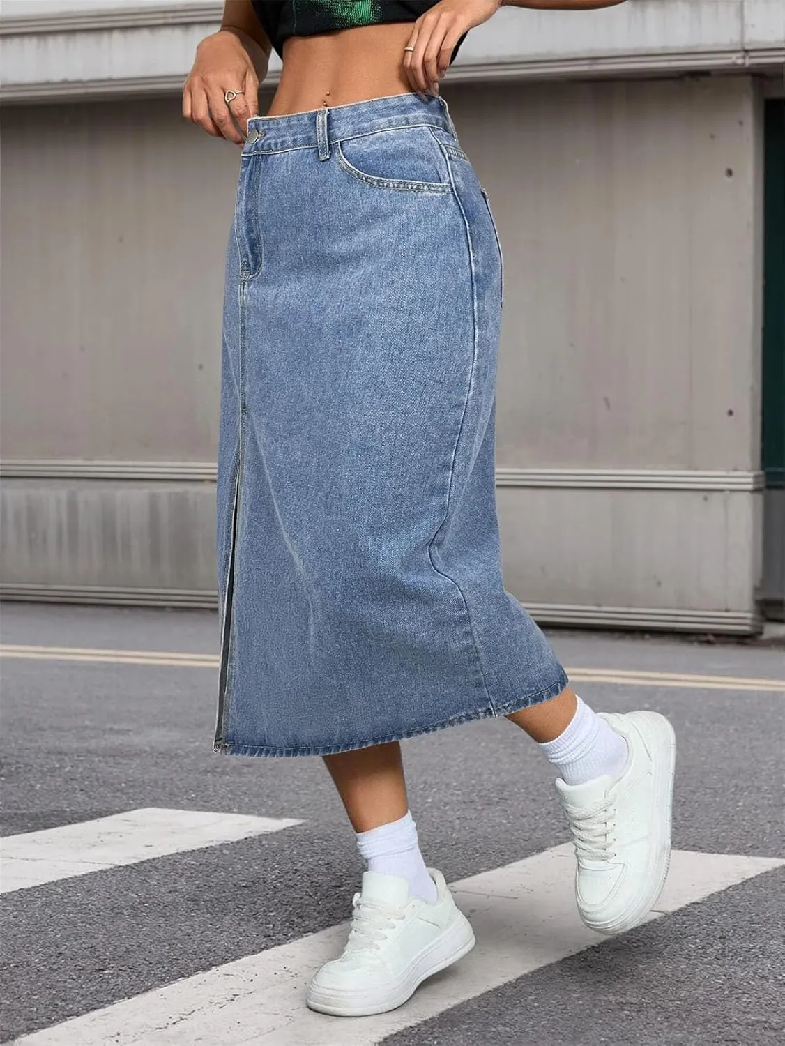 Fashion Vintage Denim Skirt for Women Front Slit High Waisted Denim Mid Skirt with Diagonal Pockets